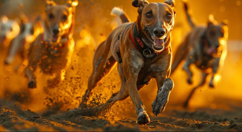 Greyhound racing track, with sleek greyhounds sprinting around the course. Source: Midjourney 