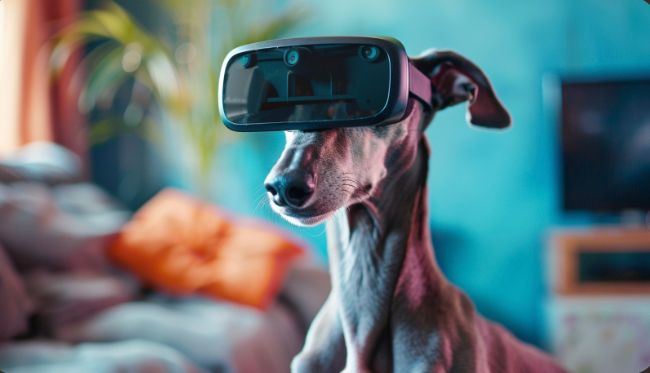 Greyhound dog with VR glasses. Source: Midjourney