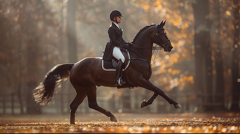 Thoroughbred horse being ridden by a rider in a dressage arena. Source: Midjourney 