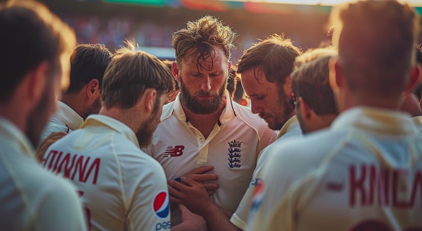 A group of England cricketers huddled together, engaged in a discussion. Source: Midjourney 